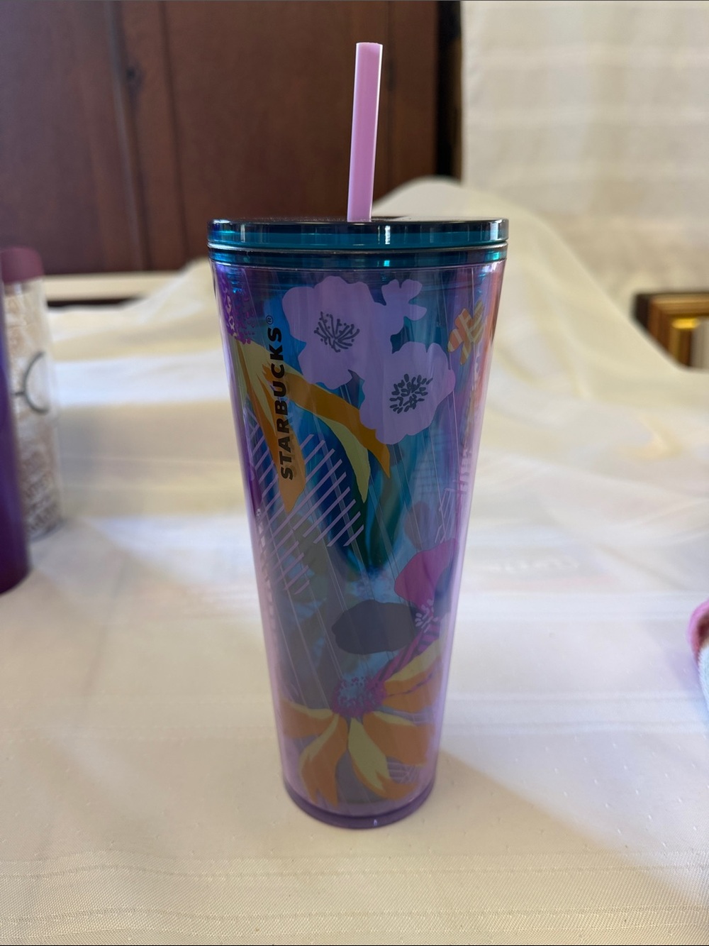 Starbucks Purple Iridescent Floral Tumbler with Pink Straw